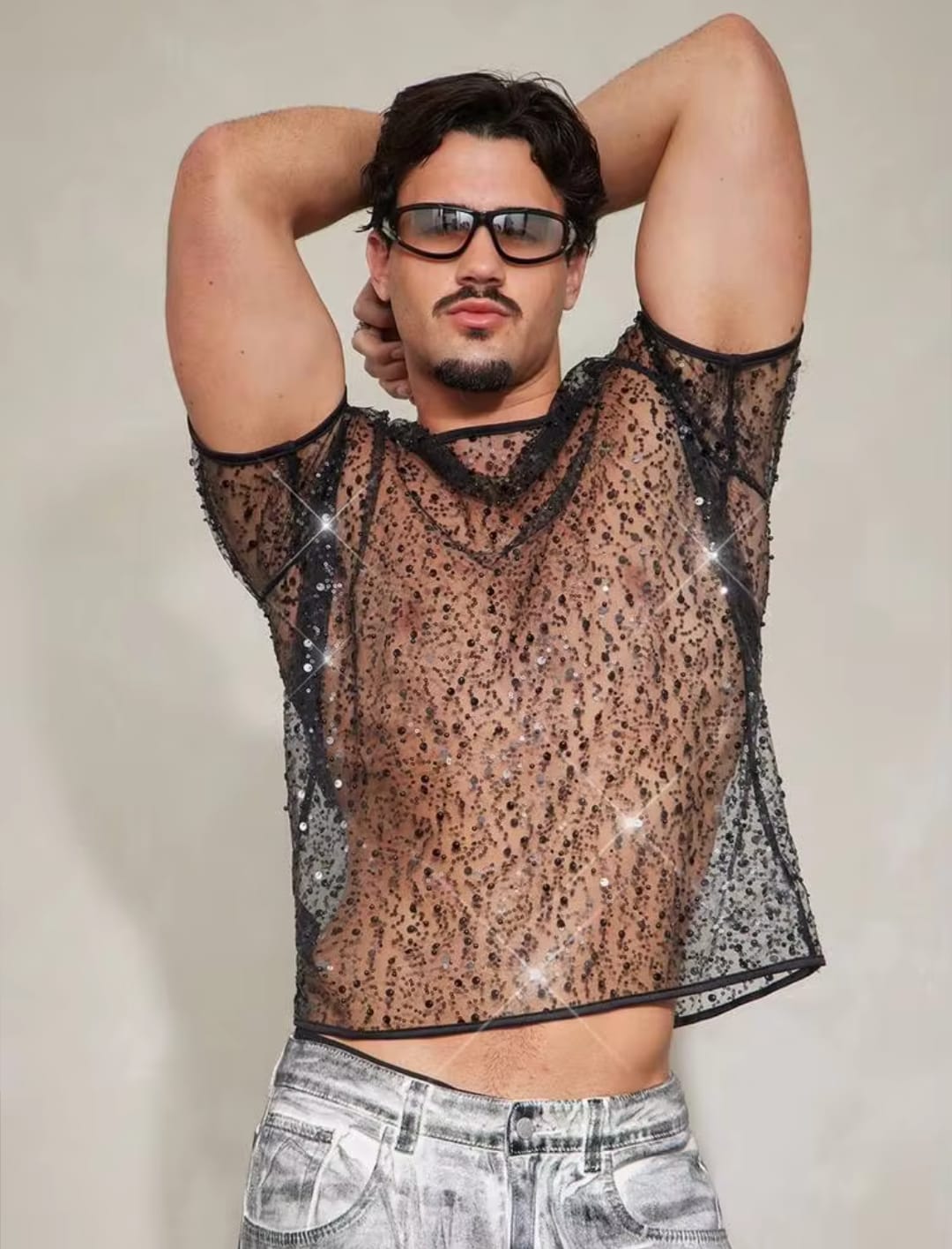 Men's High-Stretch Sheer Mesh Sequin Embellished Short Sleeve Crewneck T-Shirt